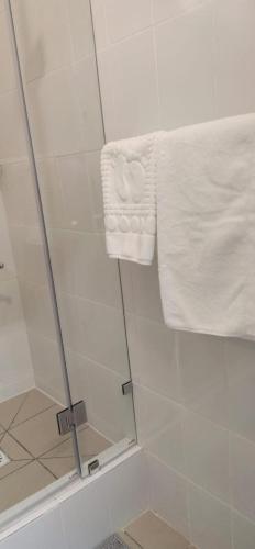 a shower with a glass door and a towel at Sulo Aksai Hotel in Aksay