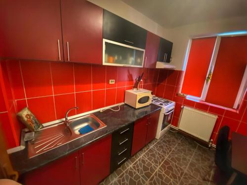a red kitchen with a sink and a microwave at Apartament Sira in Sulina