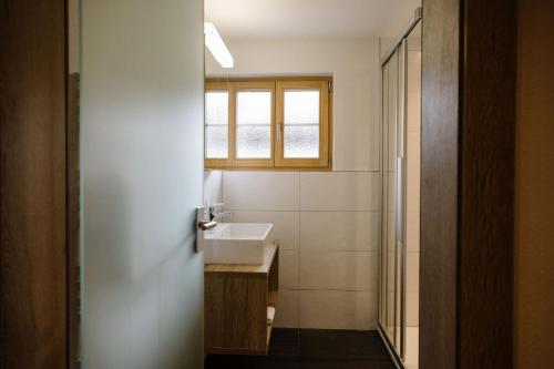 a bathroom with a sink and a window at Hotel PINTE in Grindelwald