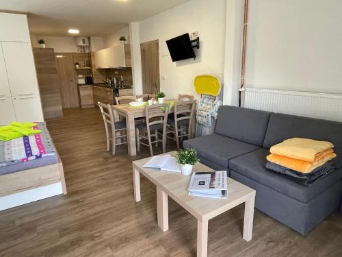 a living room with a couch and a table at Apartment WELLNESS Vlčková in Vlčková
