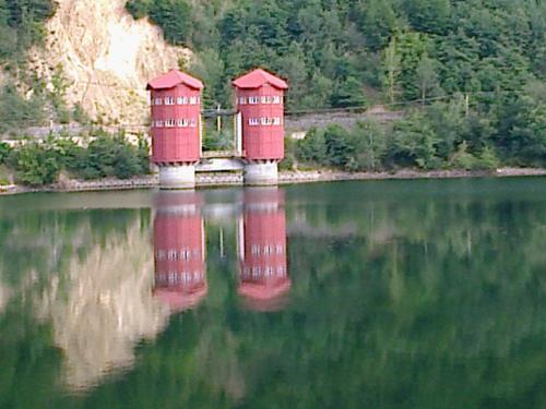 a bridge in the middle of a body of water at Pensiunea Alpina in Malaia