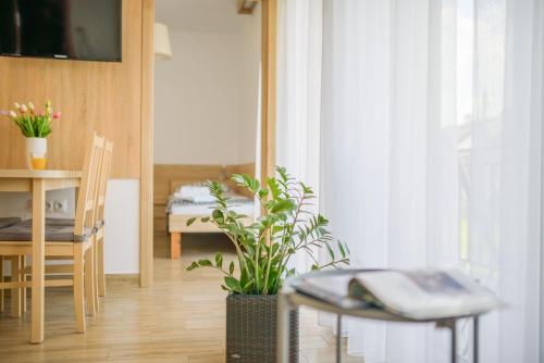 a living room with a table and a potted plant at APARTAMENTY PIAMOLA Willa Zacisze Kąty Rybackie in Kąty Rybackie