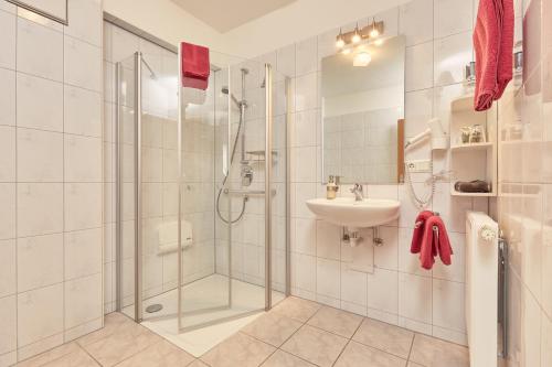 a bathroom with a shower and a sink at Hotel-Krone-Lounge in Herdwangen-Schönach