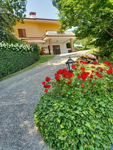 a garden of red flowers in front of a building at Villa Luna in San Floriano del Cóllio