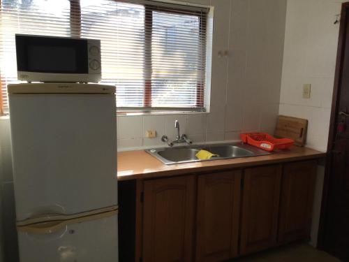 a kitchen with a sink and a microwave on top of a refrigerator at Seaside Lodge B&B in Ballito