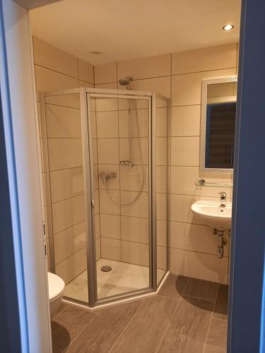 a bathroom with a shower and a toilet and a sink at Ferienwohnungen Schöbringer in Weyregg
