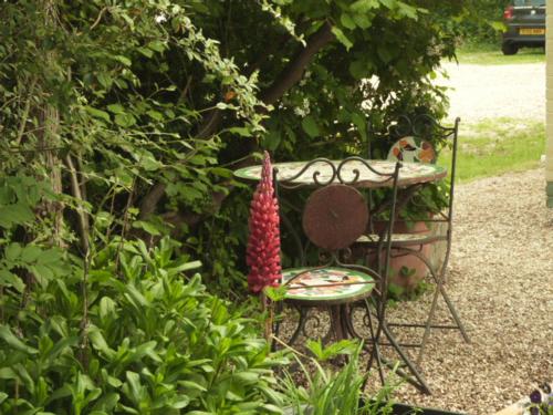 a table and a chair in a garden at Twin Oaks Guest House in Cadnam