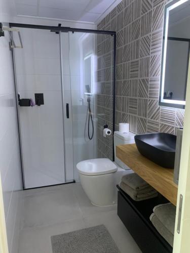 a bathroom with a shower and a toilet and a sink at Penthouse Las 2 Salchichas in San Javier