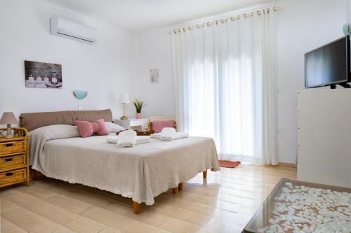 a living room with a bed and a flat screen tv at Sunset Home with sea view in Chania Town