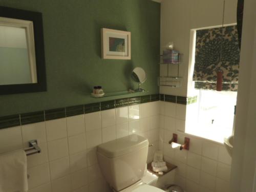 a bathroom with a white toilet and a window at Twin Oaks Guest House in Cadnam