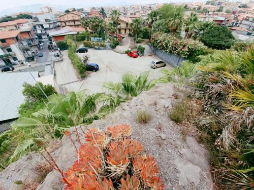 an aerial view of a parking lot with palm trees at Hotel Casale dei Greci in Biancavilla