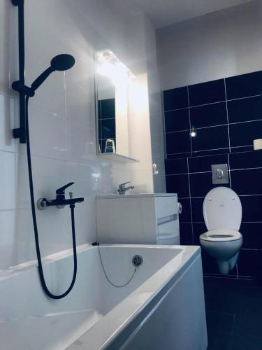 a bathroom with a shower and a tub and a toilet at Galéria Panzió in Nagykanizsa
