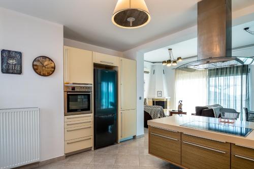 a kitchen with a black refrigerator and a table at Villa Miniera in Linopótis