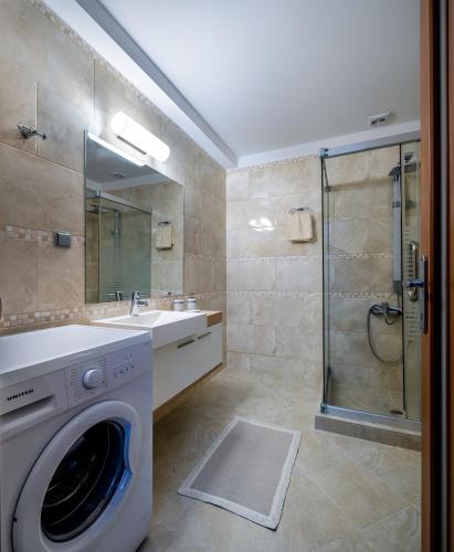 a washing machine in a bathroom with a shower at Villa Miniera in Linopótis