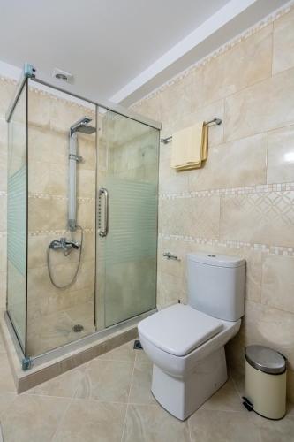 a bathroom with a toilet and a glass shower at Villa Miniera in Linopótis
