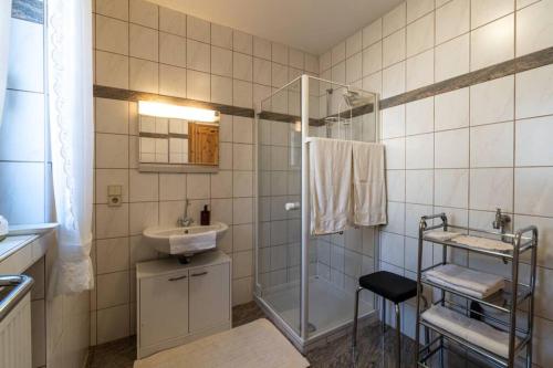 y baño blanco con lavabo y ducha. en Tuffsteinquartier am Brückenbach en Weibern