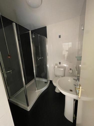 a bathroom with a shower and a toilet and a sink at Station House, Dartmoor and Coast located, Village centre Hotel in South Brent