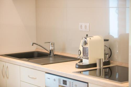 eine Küche mit einem Toaster auf einer Theke in der Unterkunft Apartments D&V in Kotor