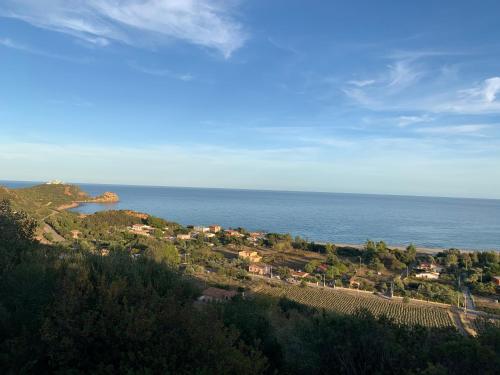 a town on a hill with the ocean in the background at Suites Voce del Mare in Tertenìa