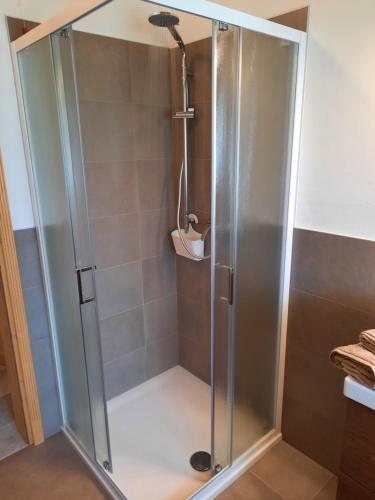 a shower with a glass door in a bathroom at Ai Monti in Barcis