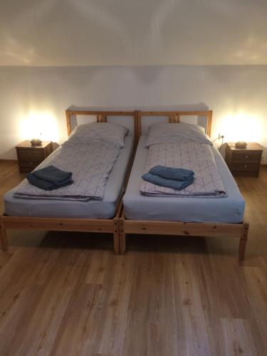two beds sitting next to each other in a room at Ponnies Haus in Surwold