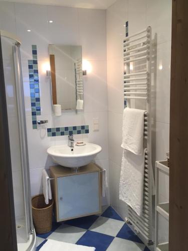a bathroom with a sink and a mirror at Gasthof Oberer Bräuer in Oberwölz Stadt