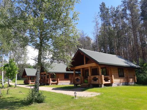 a log cabin in the woods with a yard at Pušų Šlamesy in Vilnius