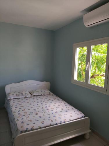 Bett in einem Schlafzimmer mit Fenster in der Unterkunft Ciel du sud in Mbouini