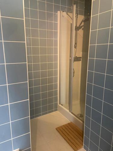 a shower in a bathroom with blue tiles at Ghent Centre Croft Deluxe in Ghent