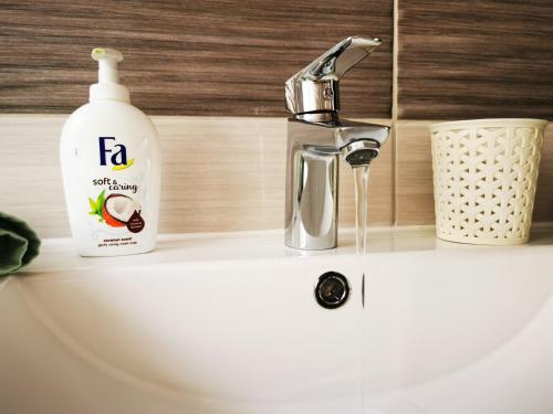 a bathroom sink with a faucet and a bottle of soap at Apartma Patrik in Kobarid