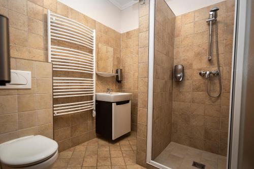 a bathroom with a toilet and a shower and a sink at Végvár Spa Apartman in Gyula