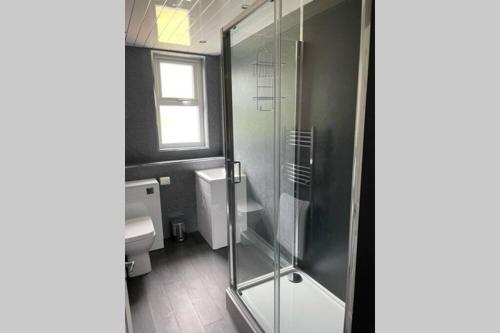 uma casa de banho com uma cabina de duche em vidro e um WC. em Beautiful two bedroom flat by the Loch em Balloch