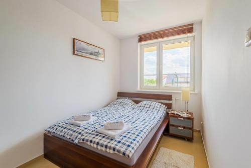 a bedroom with a bed and a window at Apartament Madam in Stegna
