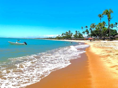 a boat in the water on a beach with palm trees at Pousada Du’Forte in Praia do Forte