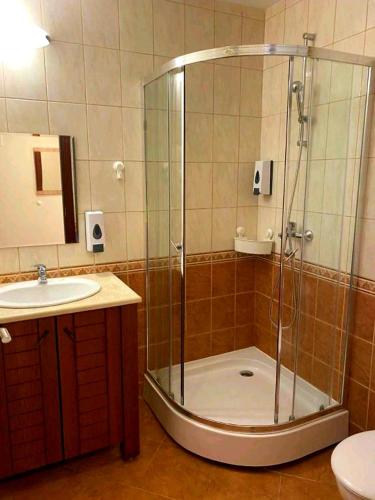 a bathroom with a shower and a sink at Happy Studio Sea View in Topola
