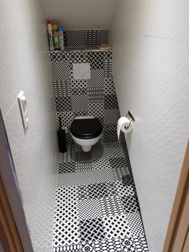 La salle de bains est pourvue de toilettes et de carrelage noir et blanc. dans l'établissement Bel appartement spacieux et confortable idéalement situé, à Amboise