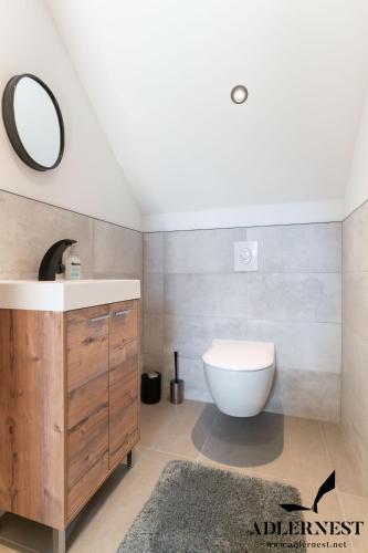 a bathroom with a sink and a toilet and a mirror at Adlernest in Ramsau am Dachstein