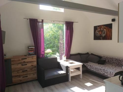 een slaapkamer met een bed, een bureau en een raam bij Mazury domek całoroczny Pelnik gm Ostróda jezioro las in Pelnik