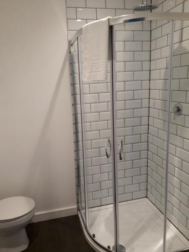 a bathroom with a glass shower with a toilet at Old Coach House At The Golden Lion in Saint Johns Chapel