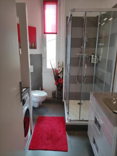 La salle de bains est pourvue d'une douche, de toilettes et d'un tapis rouge. dans l'établissement Appartement cosy 100 m2 - climatisé - calme -centre-ville, à Hyères
