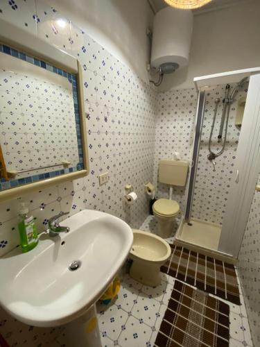 e bagno con lavandino, servizi igienici e doccia. di Lipari Centro Storico Flat 7 mins from port a Città di Lipari