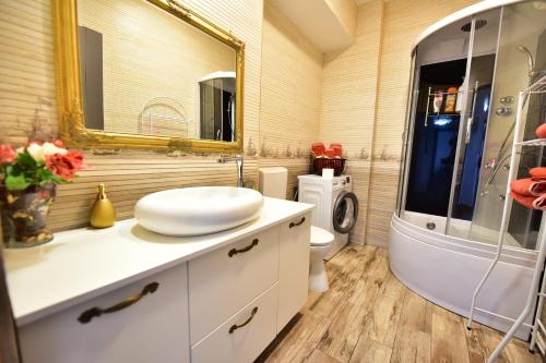 a bathroom with a sink and a toilet and a mirror at FLH - Mountain View Apartment in Sibiu