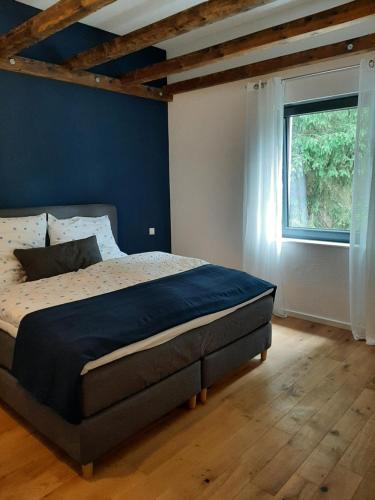 1 dormitorio con 1 cama con pared azul y ventana en Waldurlaub Klingelborn im Sauerland, en Balve