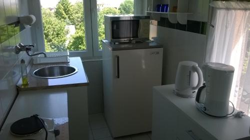 a kitchen with a sink and a tv on top of a refrigerator at Ágnes Villa in Zalakaros