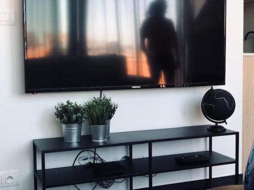 a flat screen tv on a wall with potted plants at BLOC79/4 in Knokke-Heist