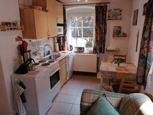 a small kitchen with a stove and a sink at Gemütliche Ferienwohnung 2 Personen im Wendland / Elbe in Trebel