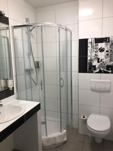 a bathroom with a shower and a toilet and a sink at Dom Młynarza in Żukczyn