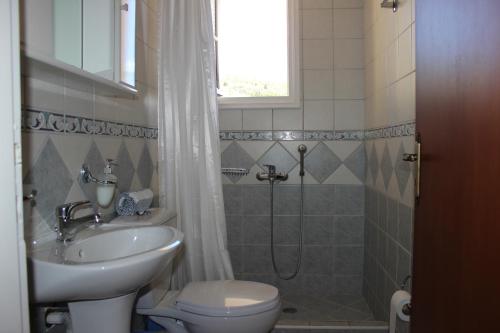 a bathroom with a sink and a toilet and a shower at Villa Melisti in Tsoukaladhes