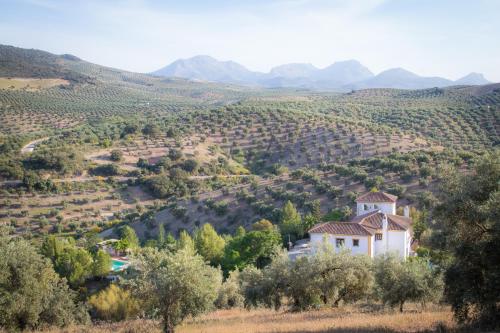 a house in the middle of a valley with trees at Hacienda el Tarajal in Priego de Córdoba