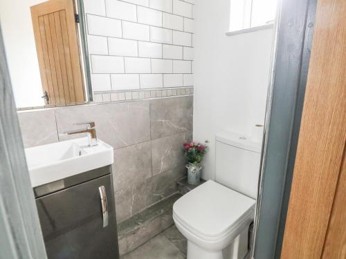 a bathroom with a white toilet and a sink at 6 Lock View in Skipton